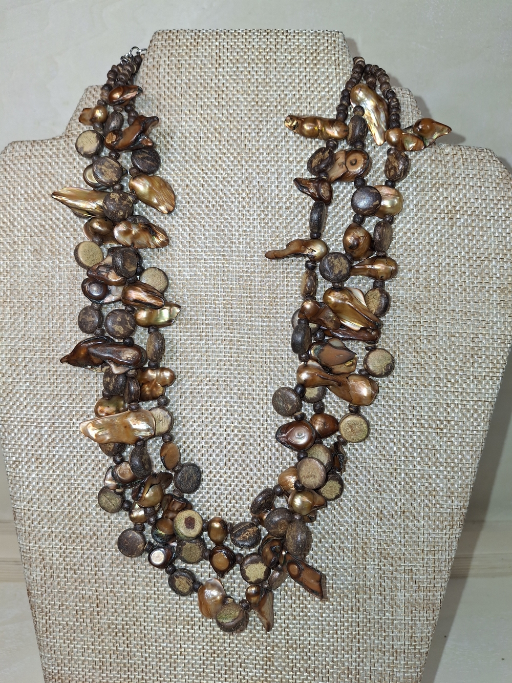 Handcrafted Brown Pearl and Wood Multi-Strand Necklace